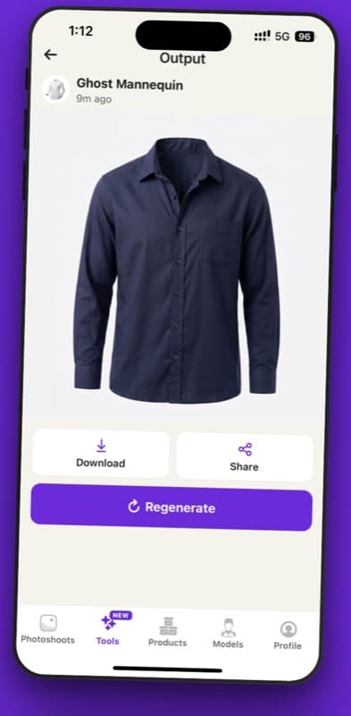 The ApparelAI app on an iPhone showing a Ghost Mannequin result of a navy shirt, with Download, Share and Regenerate buttons, and the Photoshoots, Tools, Products, Models and Profile tabs along the bottom