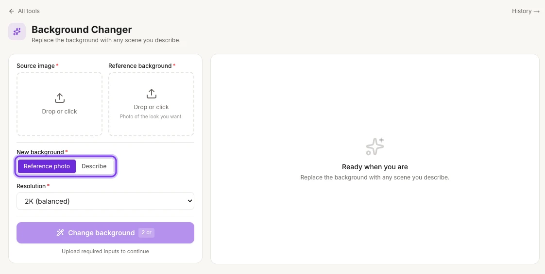 The AI Background Changer page with the Source image and Reference background uploads, Resolution and Change background, and the Reference photo and Describe switch highlighted