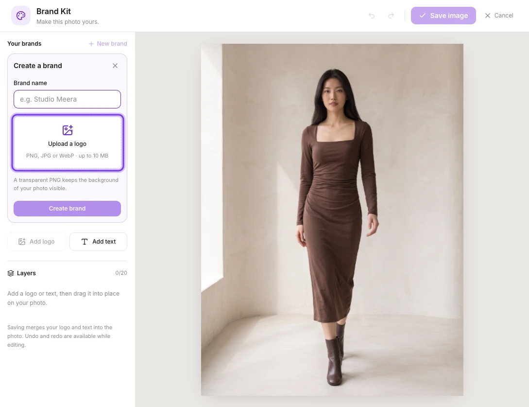 The Create a brand form in Brand Kit with the Brand name field and Create brand, and the Upload a logo area highlighted
