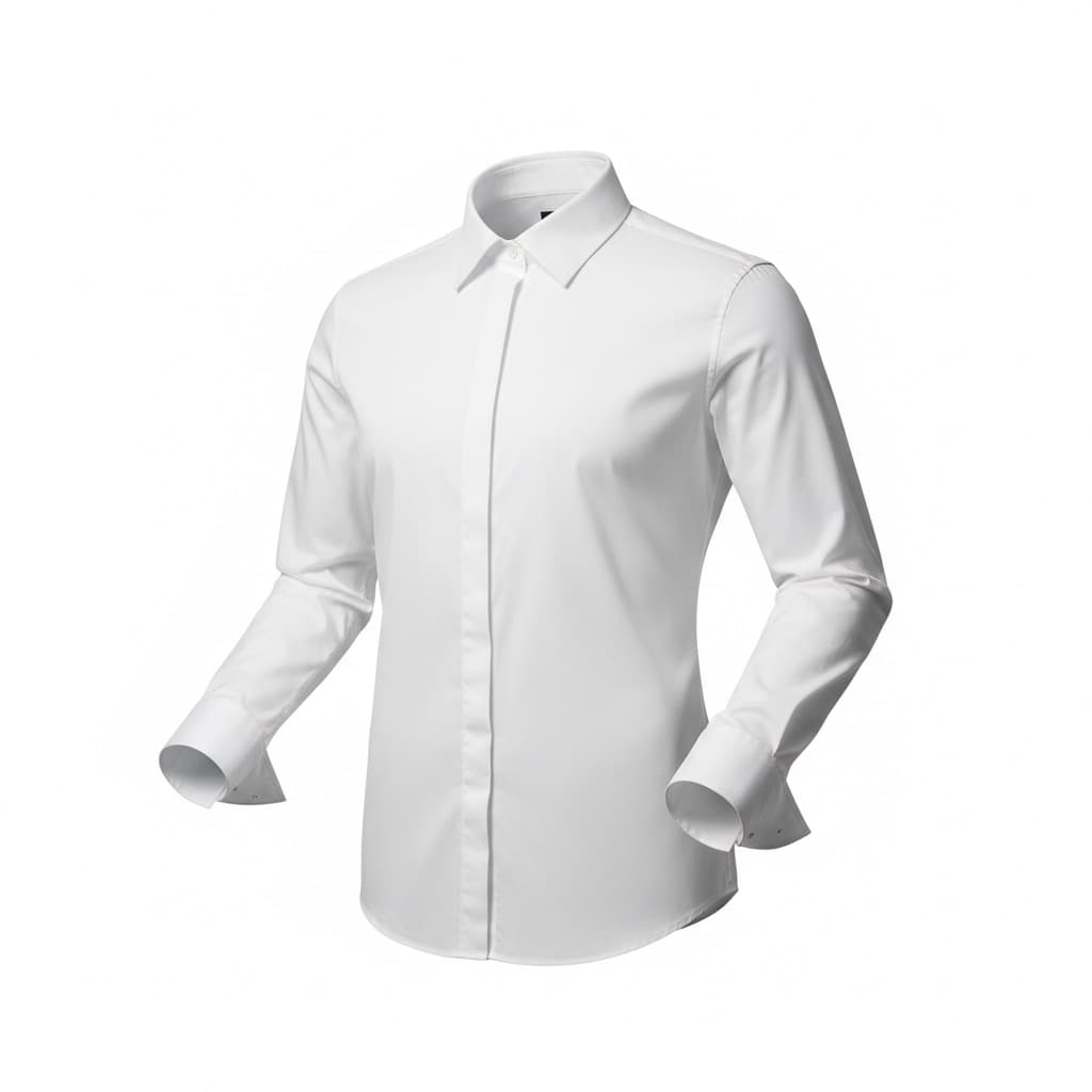 Ghost mannequin photo of a white long-sleeved shirt on a white background