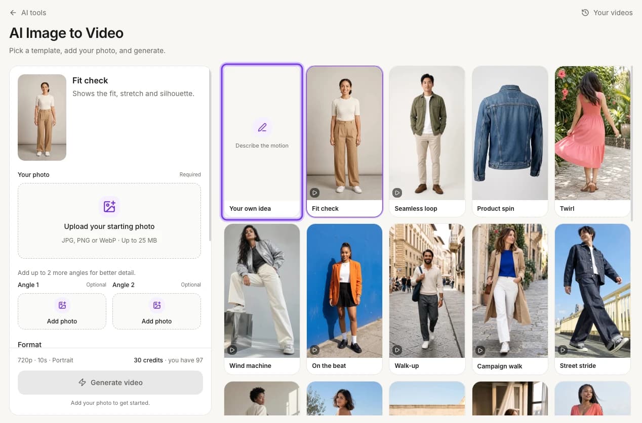 The AI Image to Video page with Fit check selected among the motion templates, and the Your own idea tile highlighted