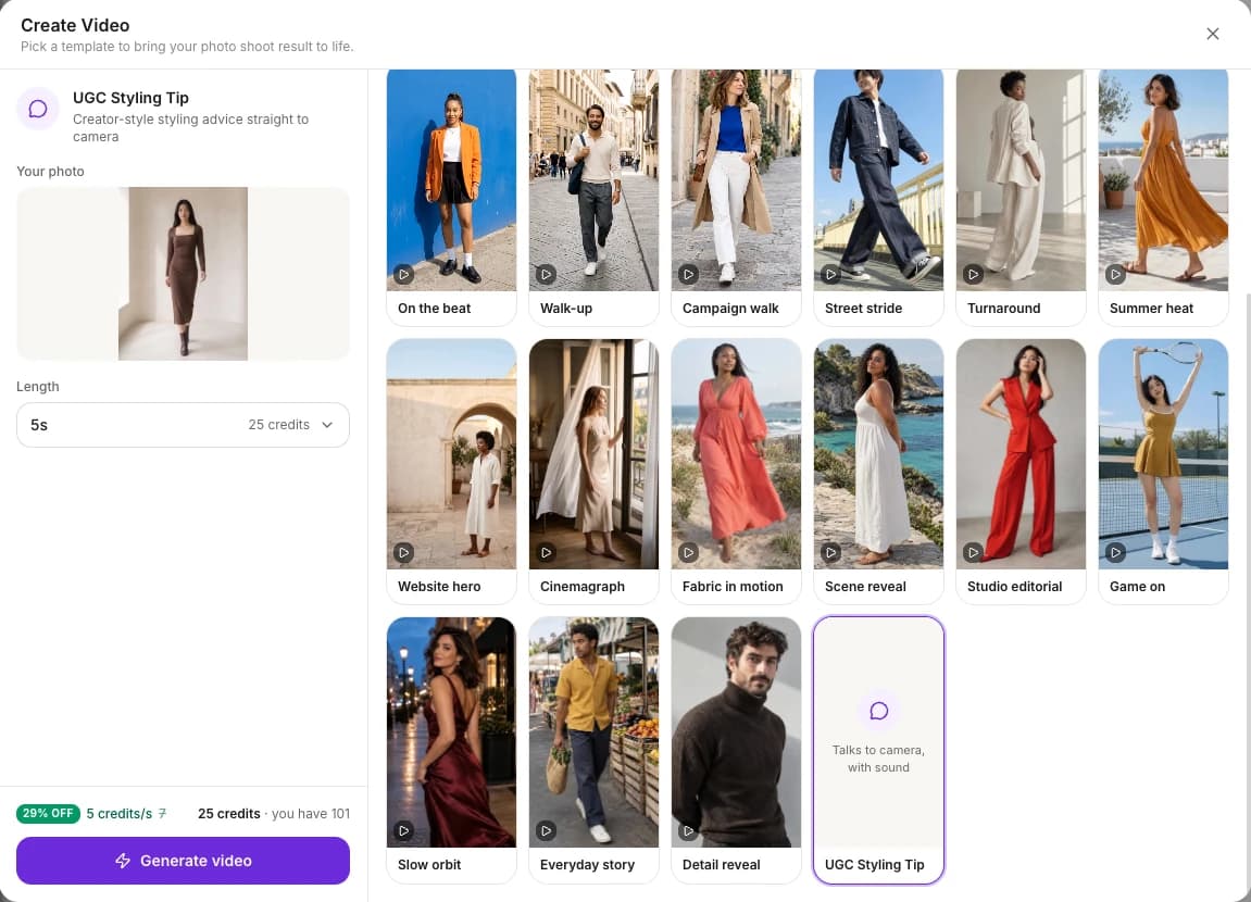 The UGC Styling Tip template selected in Create Video, with its description, the length and the credit cost