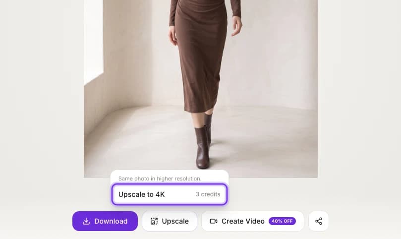 The buttons under a photo on the Photo Shoot Result page, with the Upscale menu open and Upscale to 4K highlighted