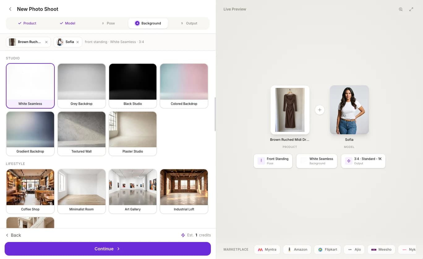 The Background step with White Seamless selected among the Studio backgrounds, next to the Live Preview