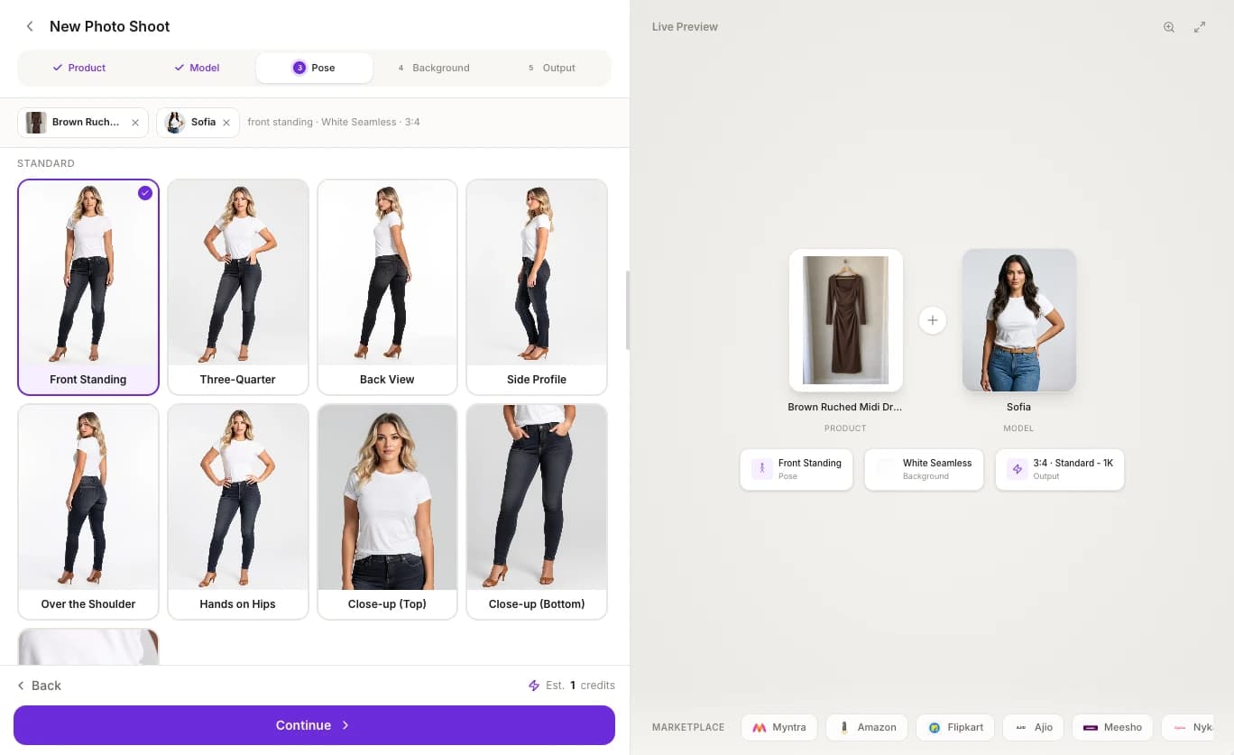 The Pose step with Front Standing selected among the Standard poses, next to the Live Preview of the product and model