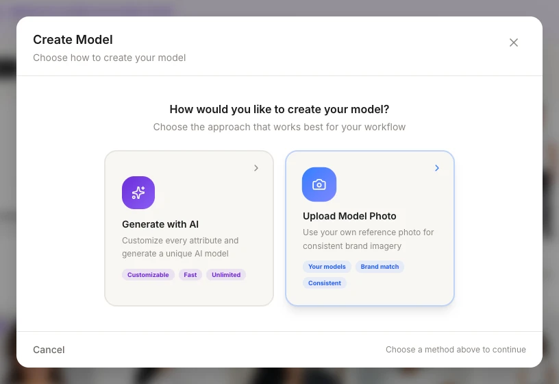 The Create Model dialog with its two options, Generate with AI and Upload Model Photo