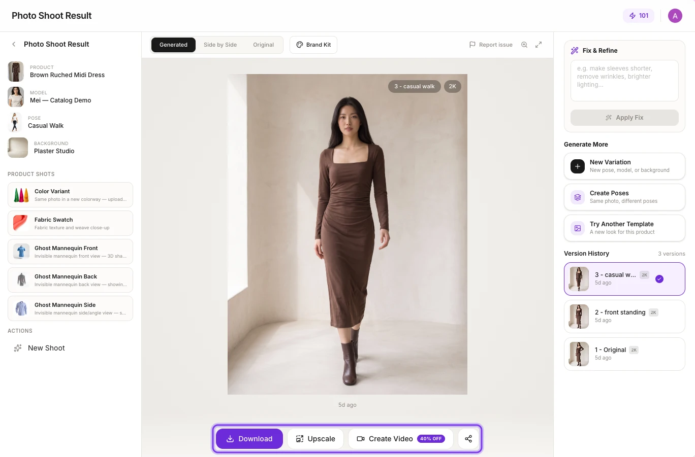 The Photo Shoot Result page in three columns, with the Download, Upscale, Create Video and share buttons under the photo highlighted