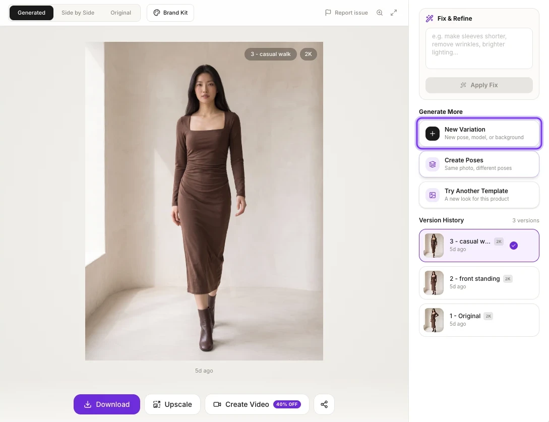 The Photo Shoot Result page with the New Variation button highlighted under Generate More