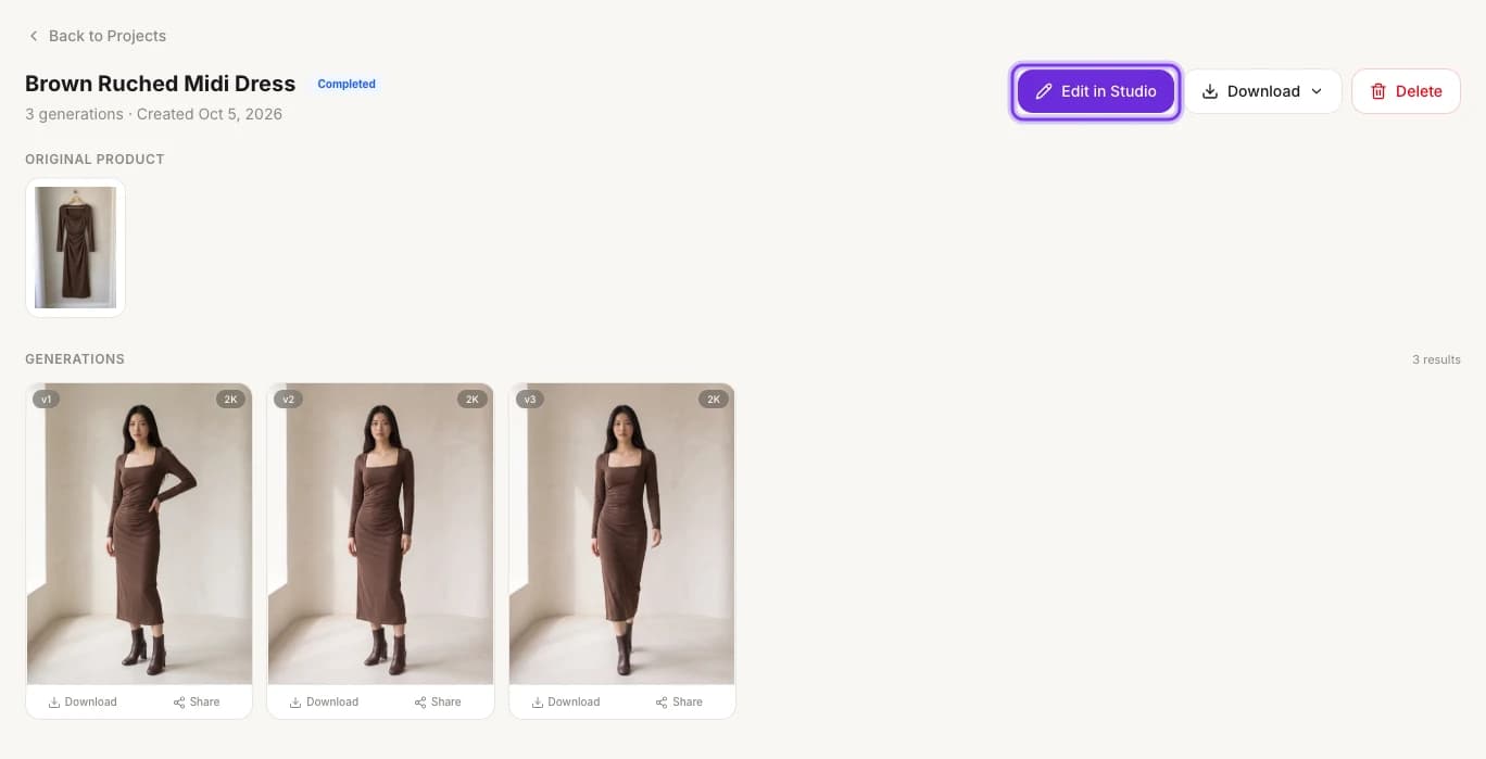 A project's details page with the original product and three generations, and Edit in Studio highlighted next to Download and Delete