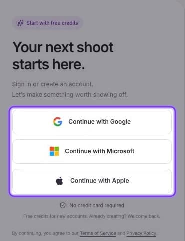 The ApparelAI sign-in page with the Continue with Google, Microsoft and Apple buttons highlighted