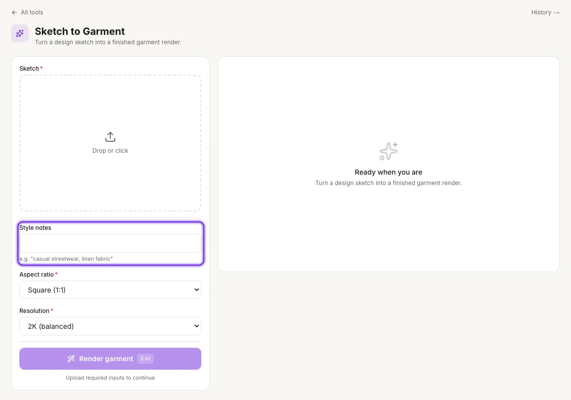 The AI Sketch to Garment page with the Sketch upload, Aspect ratio, Resolution and Render garment, and the Style notes field highlighted