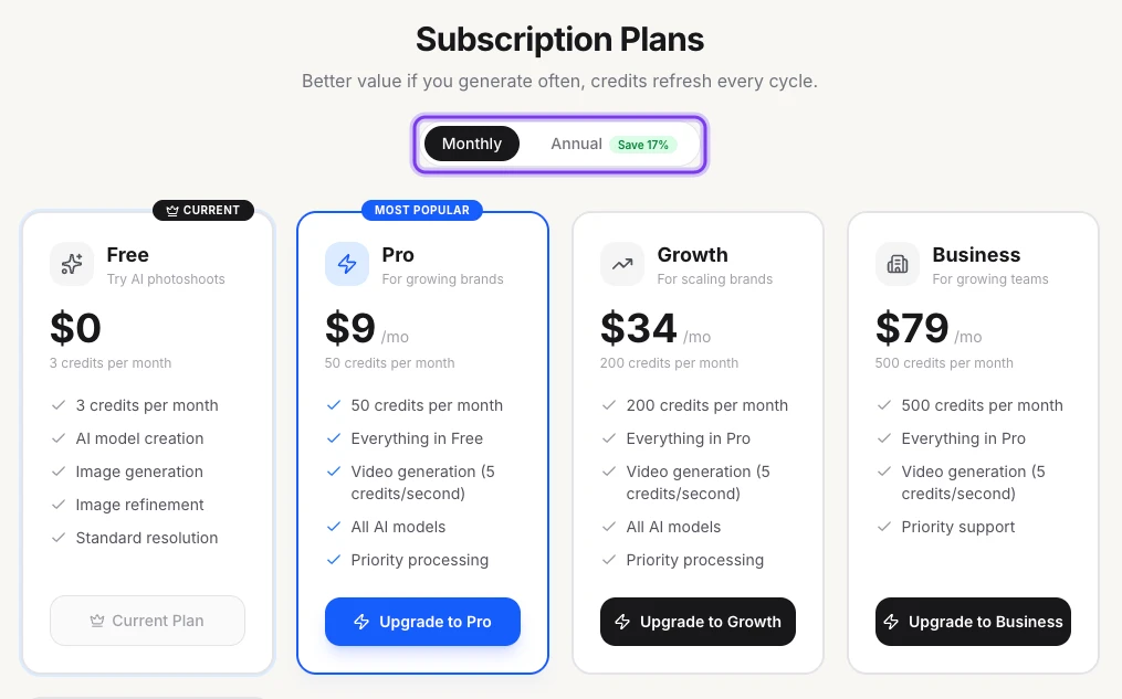 Subscription Plans in the app with the Free, Pro, Growth and Business plans, and the Monthly and Annual switch highlighted