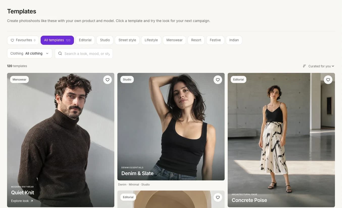 The Templates gallery with the style chips, the Clothing filter, the search box, the Curated for you sort and the first template cards