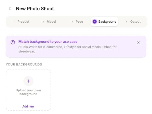 The Background step of Create Photo Shoot with the Upload your own background tile under YOUR BACKGROUNDS